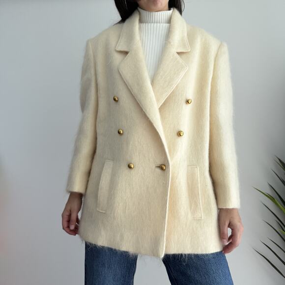 Vintage Jackets & Blazers - Vintage Fuzzy Mohair Coat Womens M/L Cream Double Breasted Military USA Made 80s